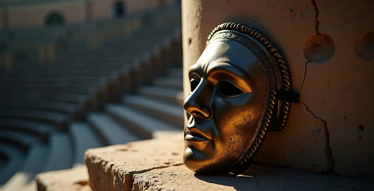 Scène de théâtre avec jeu d'ombres dramatiques évoquant l'atmosphère de Caligula