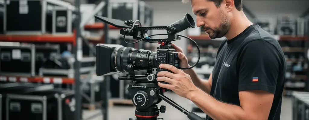Technicien vérifiant une caméra cinéma professionnelle dans un espace de préparation de matériel audiovisuel