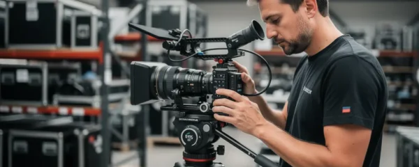 Technicien vérifiant une caméra cinéma professionnelle dans un espace de préparation de matériel audiovisuel