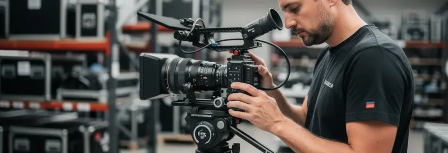 Technicien vérifiant une caméra cinéma professionnelle dans un espace de préparation de matériel audiovisuel