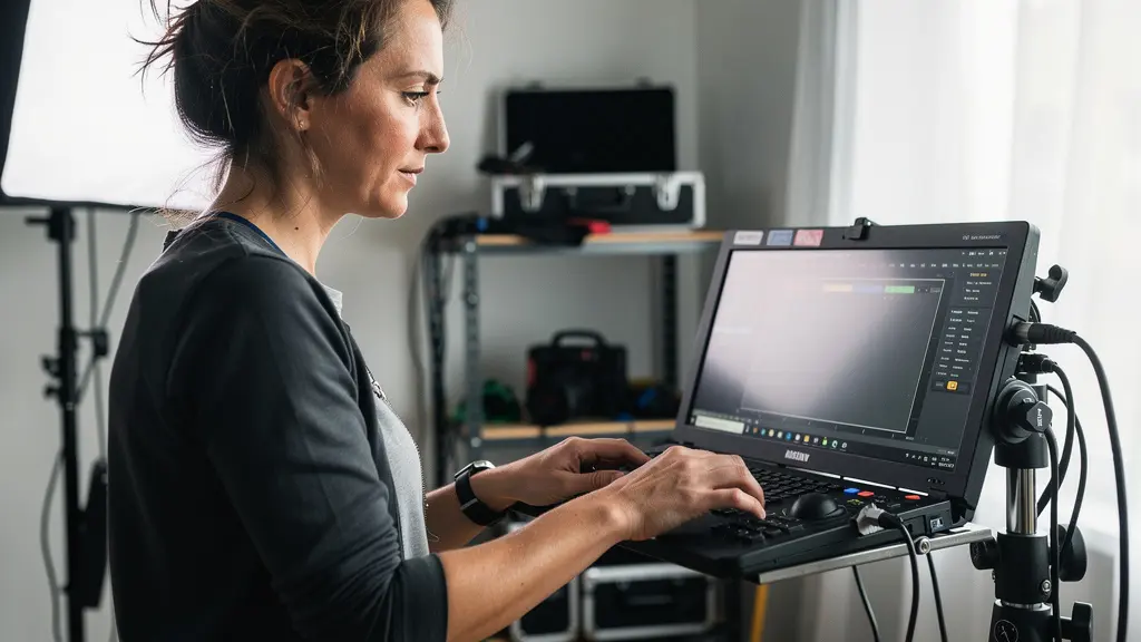 Vidéaste vérifiant les réglages d'une caméra sur moniteur dans un espace de préparation de tournage