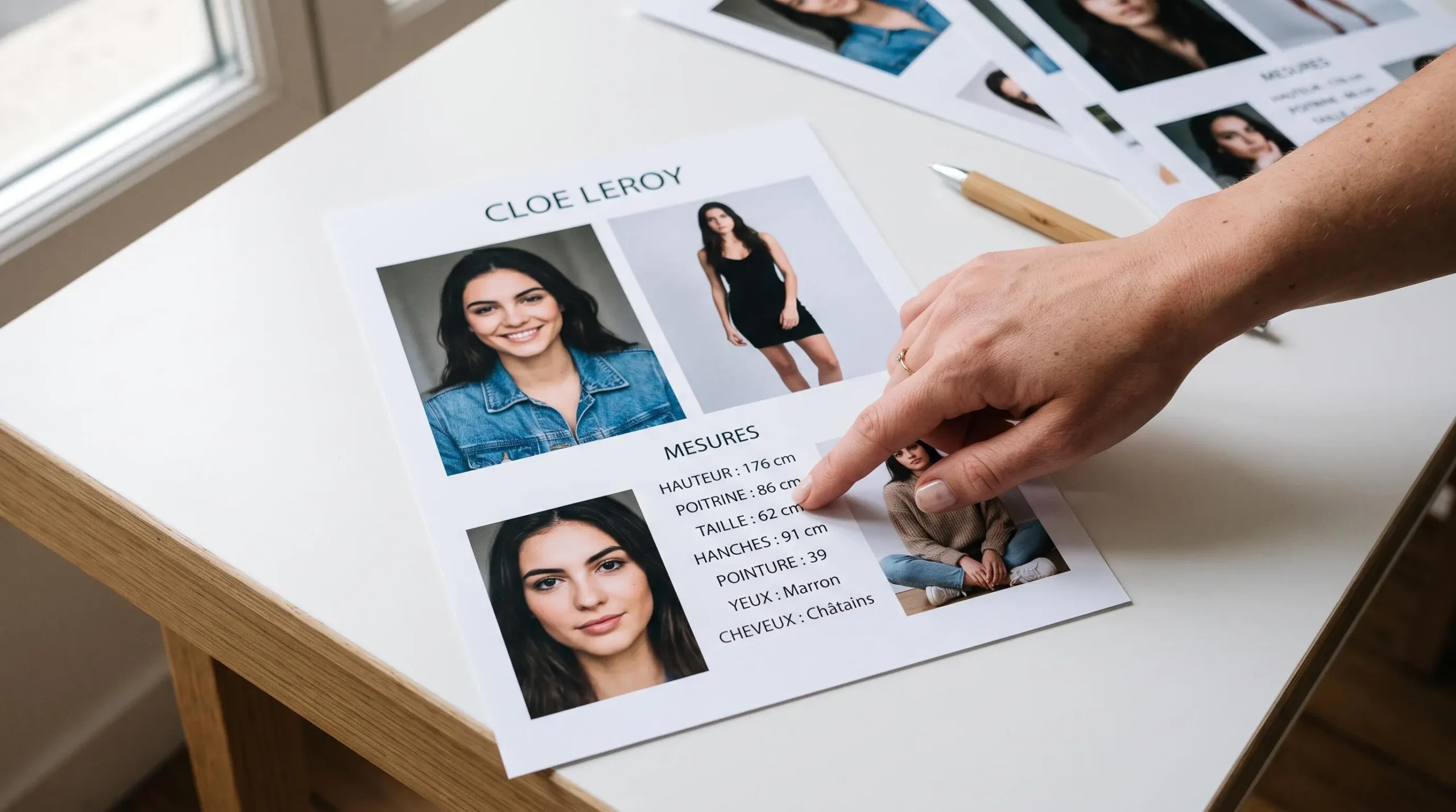 Composite de mannequin posé à plat sur une table de travail, avec une main pointant les informations de profil