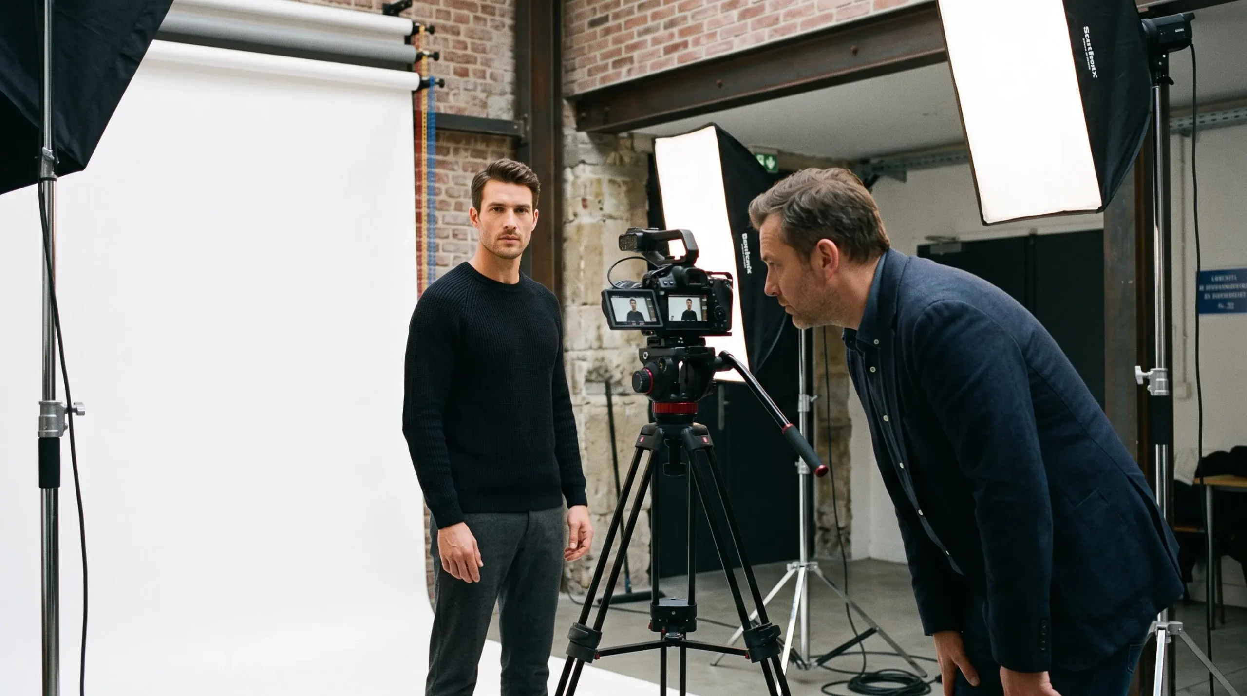 Mannequin masculin debout en test technique face à une caméra vidéo sur plateau de shooting, observé par un directeur de casting