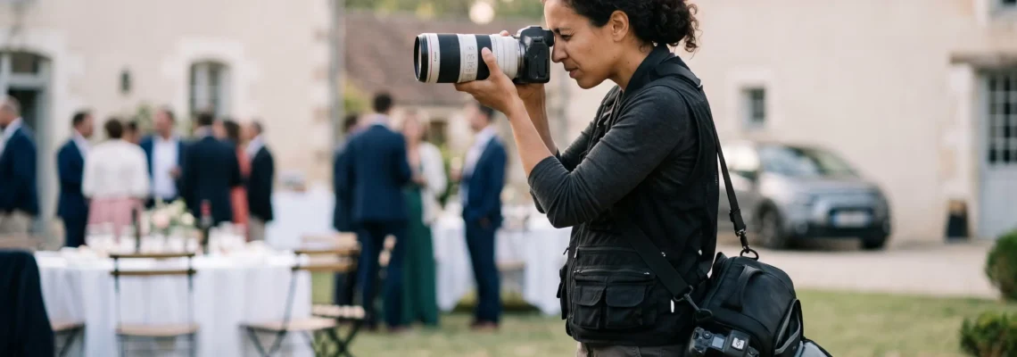Photographe professionnel en action lors d'un shooting événementiel extérieur, cadrant sa prise de vue avec un boîtier hybride plein format équipé d'un téléobjectif 70-200mm, sac photo professionnel ouvert à ses pieds laissant voir du matériel de backup