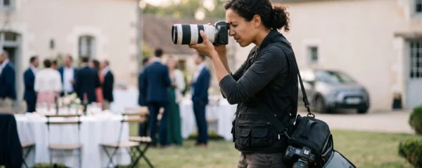 Photographe professionnel en action lors d'un shooting événementiel extérieur, cadrant sa prise de vue avec un boîtier hybride plein format équipé d'un téléobjectif 70-200mm, sac photo professionnel ouvert à ses pieds laissant voir du matériel de backup