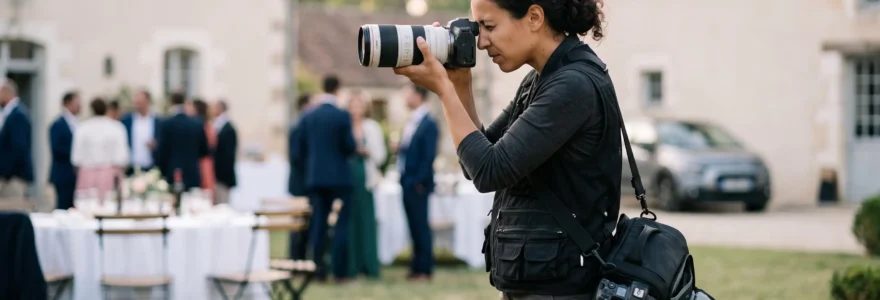 Photographe professionnel en action lors d'un shooting événementiel extérieur, cadrant sa prise de vue avec un boîtier hybride plein format équipé d'un téléobjectif 70-200mm, sac photo professionnel ouvert à ses pieds laissant voir du matériel de backup