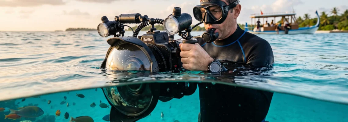 Un plongeur tient un caisson avec grand dôme à moitié immergé pour une photo mi-eau mi-air.